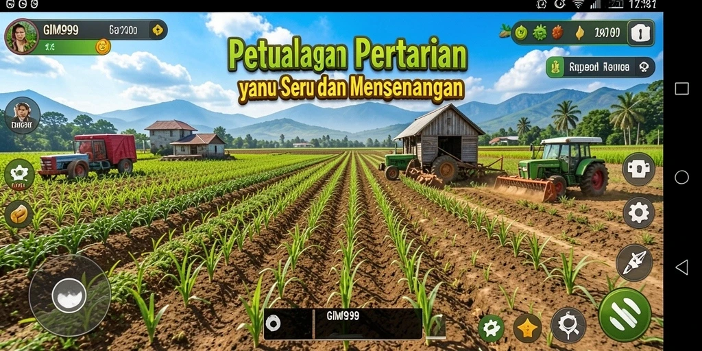 Screenshot gameplay GIM999 yang menunjukkan lahan pertanian yang penuh warna.