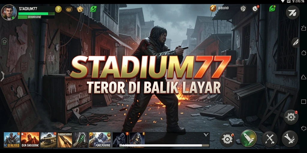 Tampilan menakutkan yang menggambarkan suasana STADIUM77.