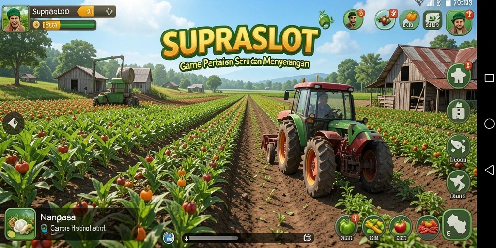 Tampilan gameplay seru dalam SUPRASLOT yang menampilkan lahan pertanian yang indah.